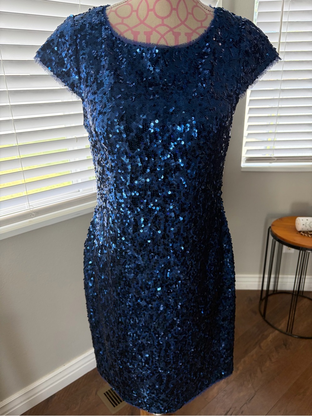 Aidan Mattox Midnight Blue Sequin Cap-Sleeve Shift Dress